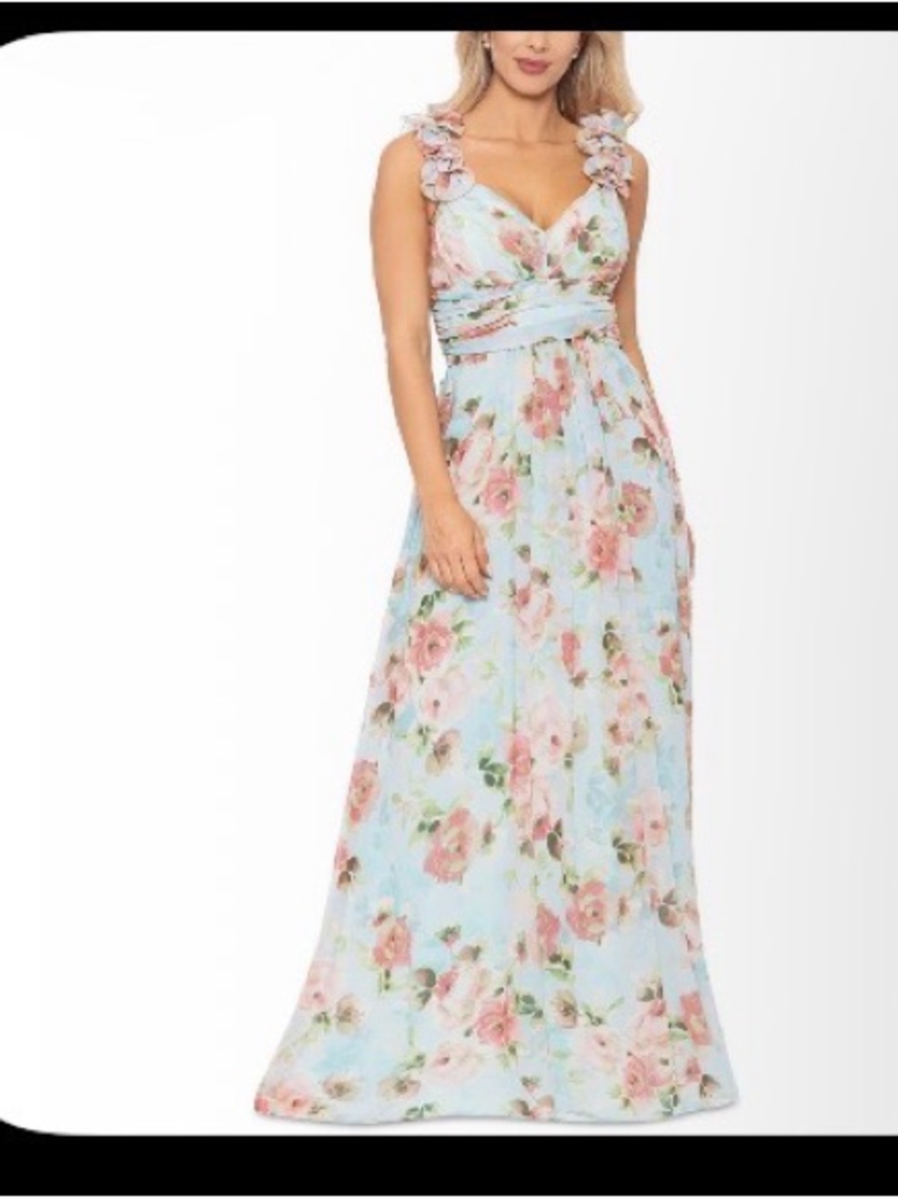 Betsy & Adam Pastel Blue Floral Ruffle Strap Maxi Dress